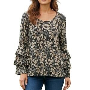 Style & Co Tiered Bell Sleeve Top Womens Medium Gray Leaf Print Soft Earthy
